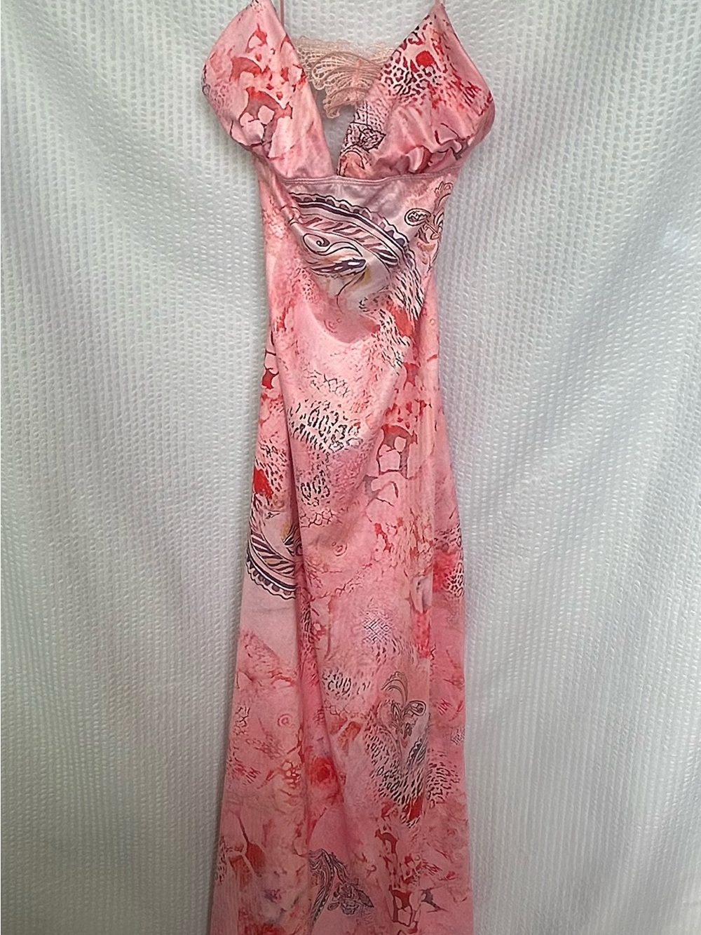 Y2K Pink Abstract Print Lace Butterfly Backless Maxi Slip Dress Best For Size XS